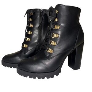 Express‎ Women's Black Lace Up Ankle Boots Gold Accent Lug Heel Booties